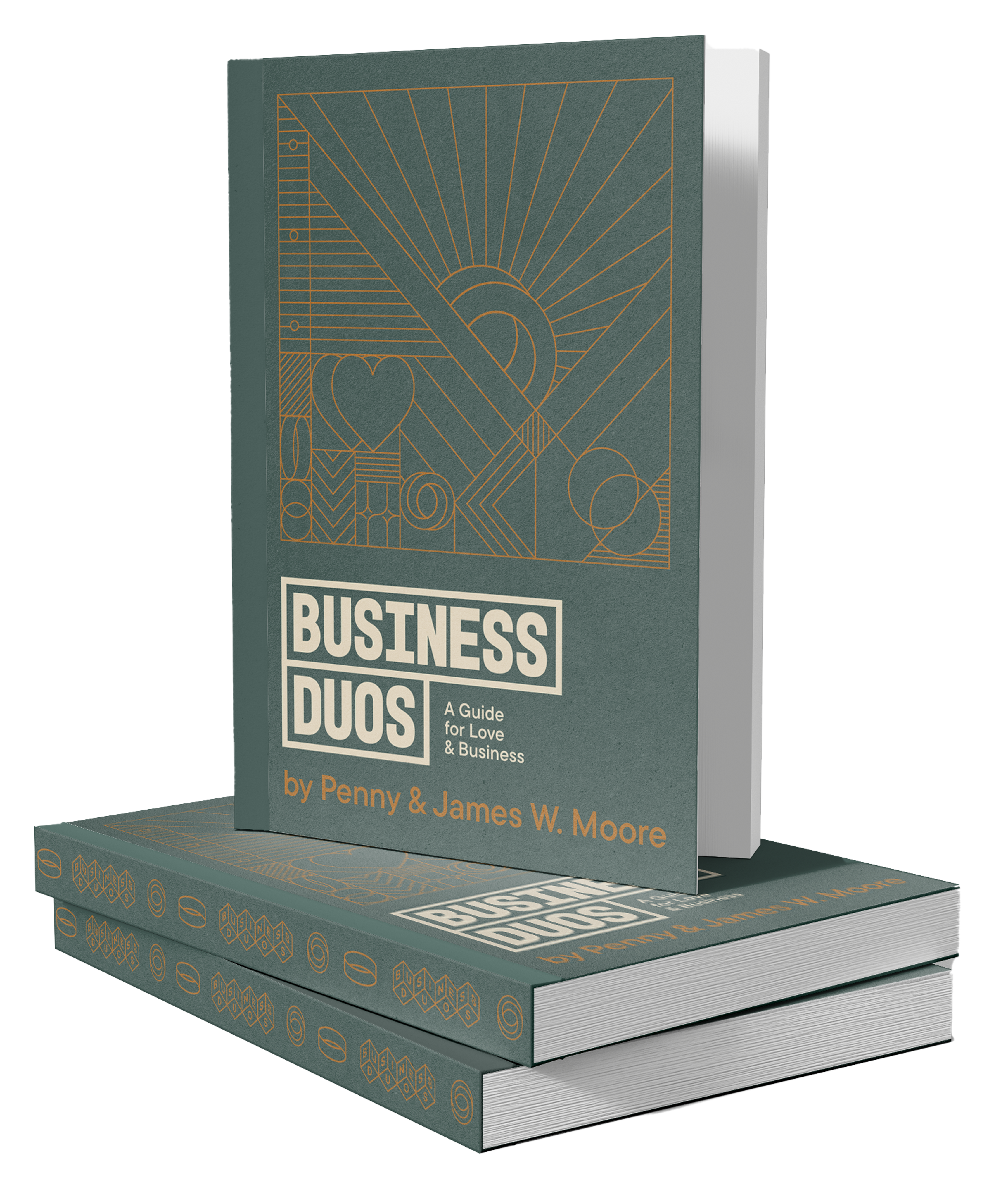 Business Duos Three copies of the book "Business Duos: A Guide for Love & Business" by Penny & James W. Moore are stacked against a plain background, featuring geometric cover art. This essential guide offers valuable business advice for couples in business together, including married couples and husband-and-wife business partners, making it perfect for those working with their spouse or running couple-run businesses.